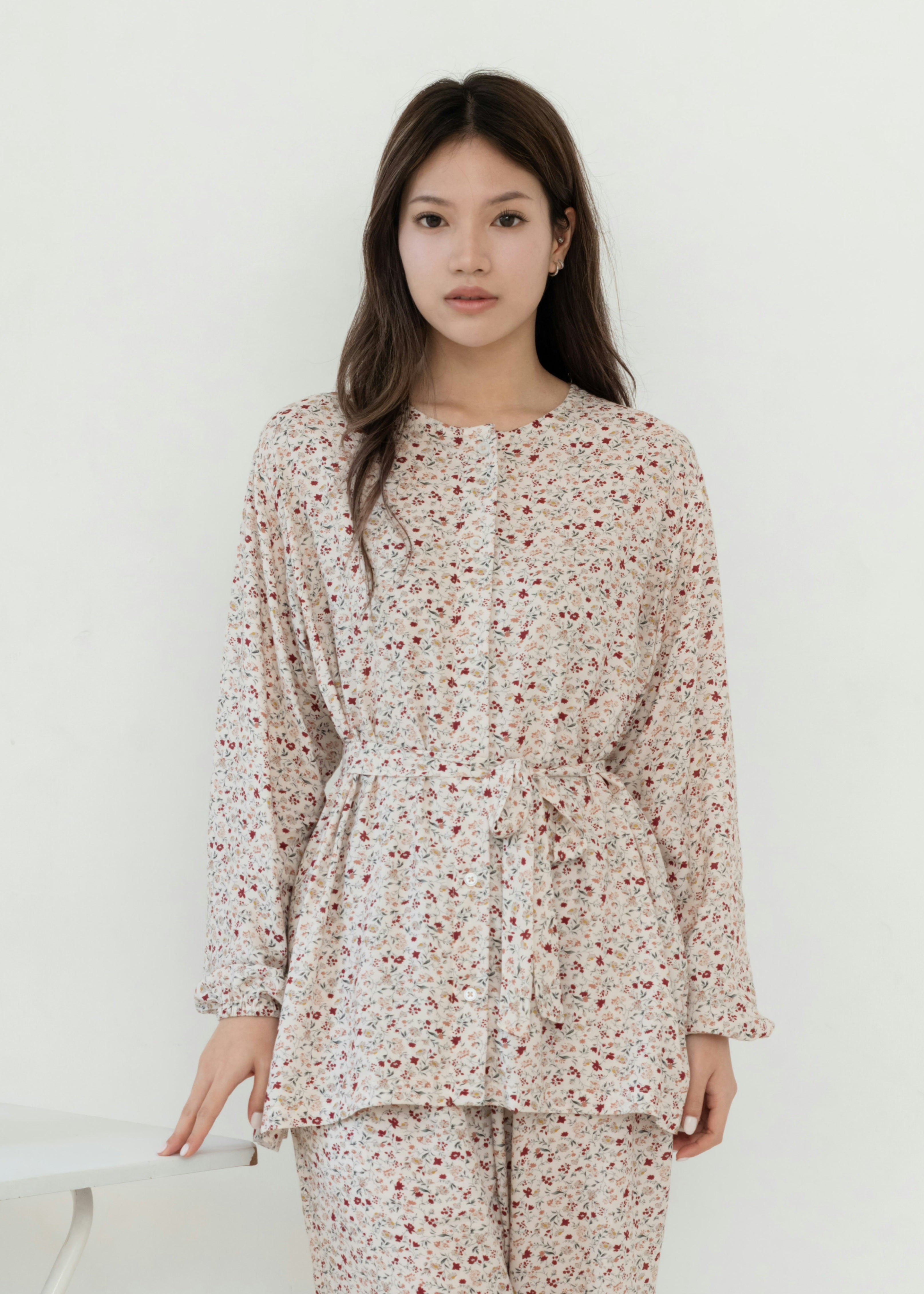 Amoura Long Pajama Set in Cream Tiny Flower